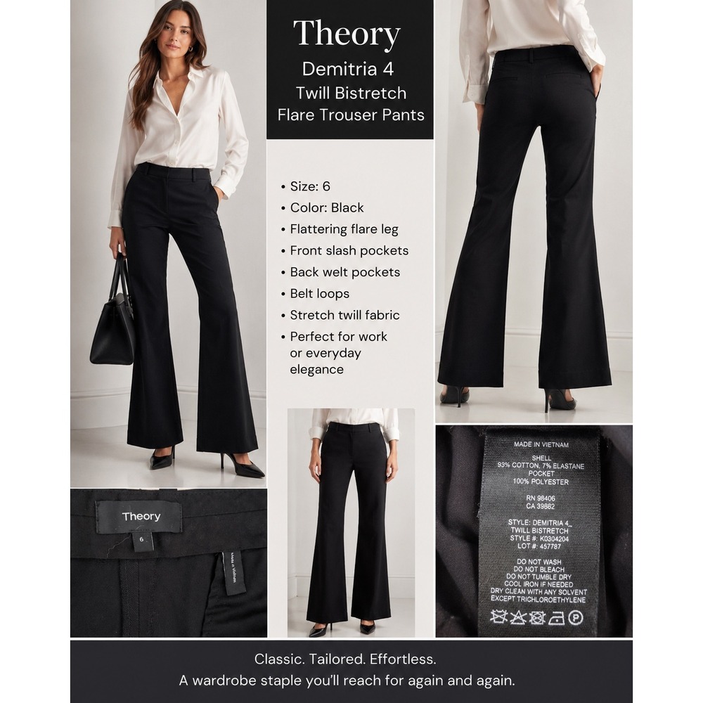 Theory Demitria 4 Twill Bistretch Black Flare Trouser Pants Size 6 Long Inseam